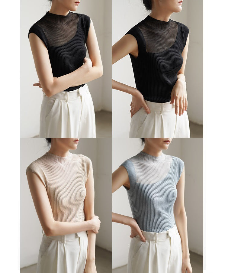 Translucent Gradient Inner Match Sleeveless Knitwear For Women