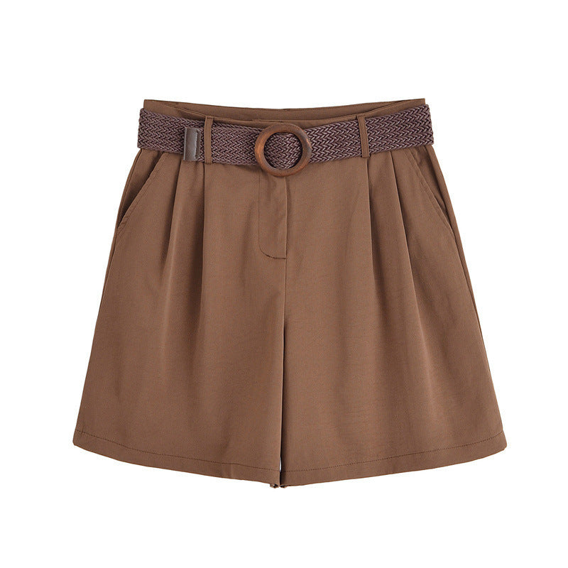 Elegant Lapel Short-sleeved Shirt With Belt Loose Pleated Shorts