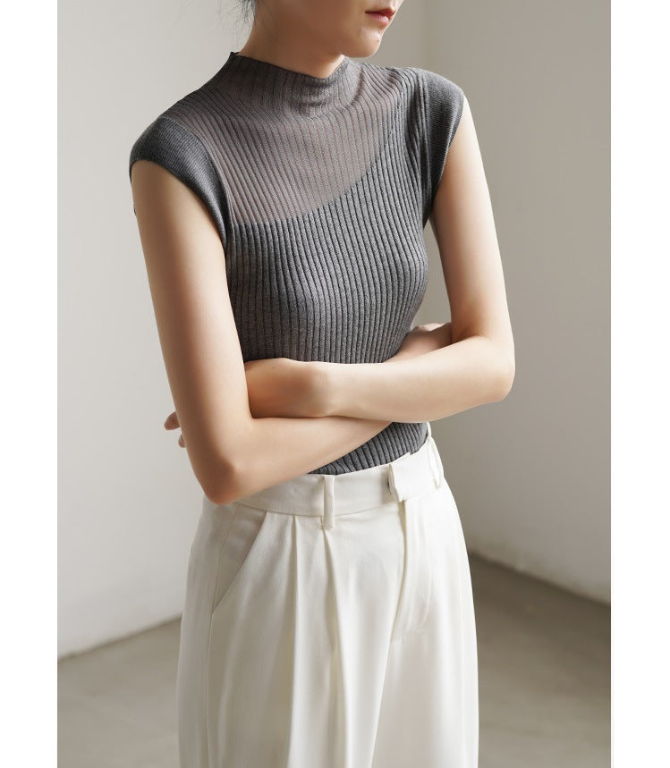 Translucent Gradient Inner Match Sleeveless Knitwear For Women