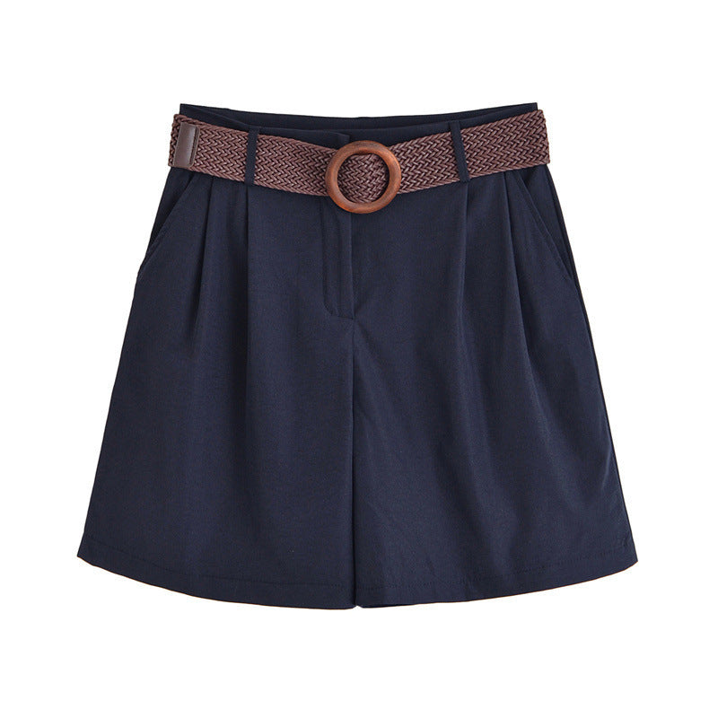 Elegant Lapel Short-sleeved Shirt With Belt Loose Pleated Shorts