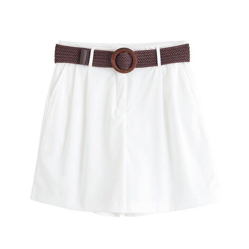 Elegant Lapel Short-sleeved Shirt With Belt Loose Pleated Shorts