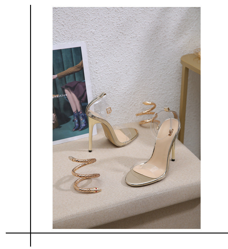 Rhinestone High-heeled Sandals Snakelike Winding Transparent Large Size High Heels Women