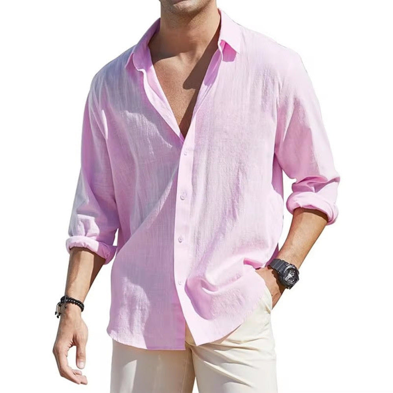 Men's Linen Cardigan Single Row Lapel Long Sleeve Shirt