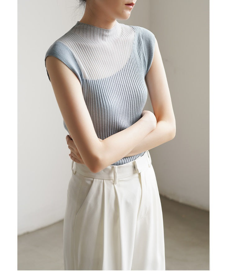 Translucent Gradient Inner Match Sleeveless Knitwear For Women