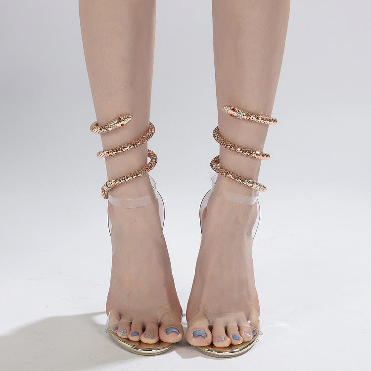 Rhinestone High-heeled Sandals Snakelike Winding Transparent Large Size High Heels Women