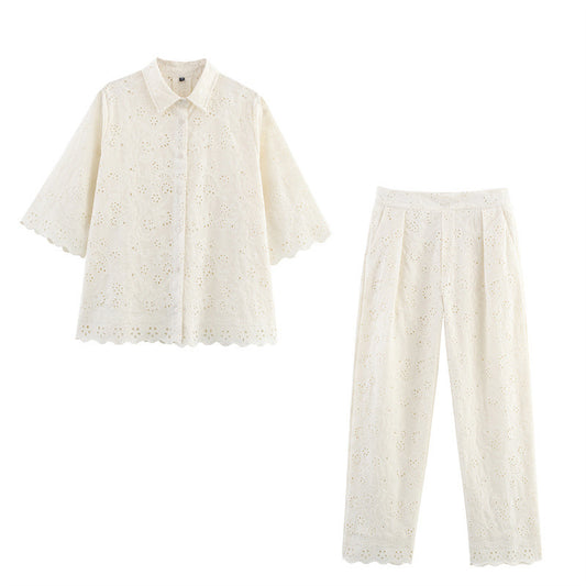 Summer Hollow Embroidered Women's Shirt Pants Suit