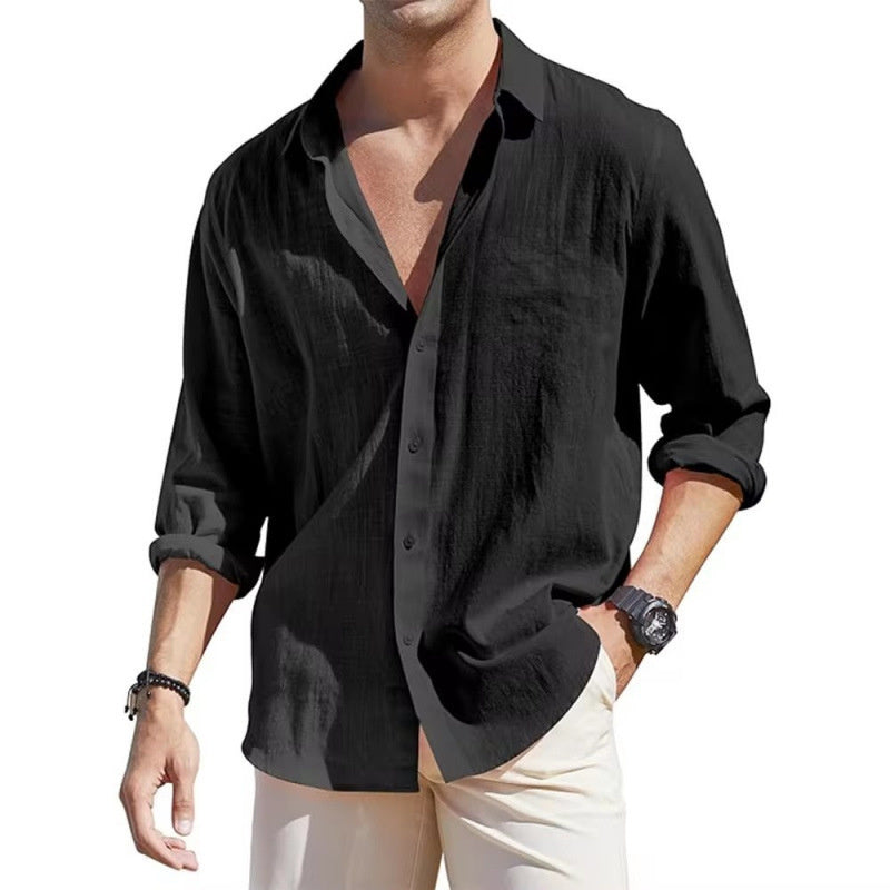 Men's Linen Cardigan Single Row Lapel Long Sleeve Shirt