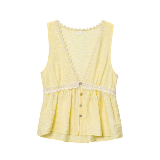 Lace Trim Elegance Sleeveless V-neck Shirt Top